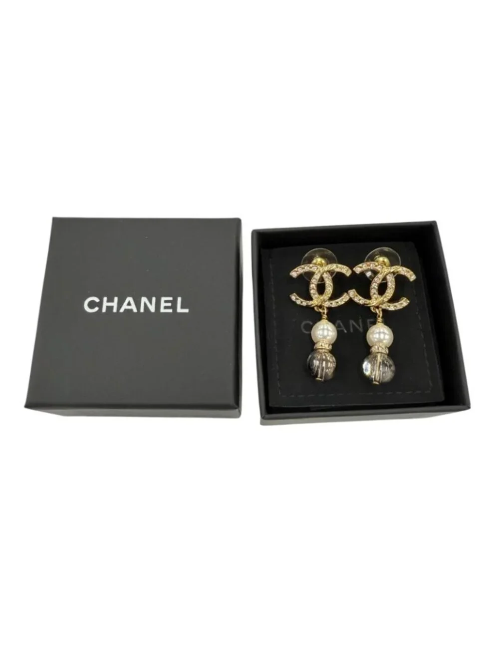 Chanel CC Logo Rhinestone Pearl Stone Swing Earrings Gold